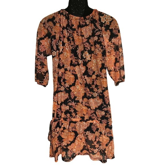 Banana Moon Womens Floral Black & Orange 3/4 Sleeve Boho Dress Nylon Blend M - Picture 2 of 6